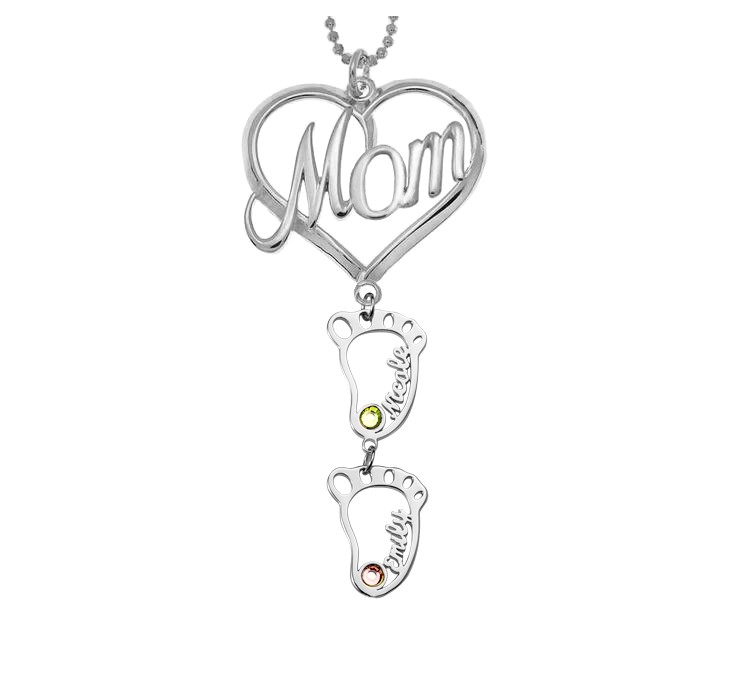 Collar con nombre de piedras de nacimiento con colgante de corazón de mamá personalizado de plata con 1-10 encantos de BabyFeet huecos