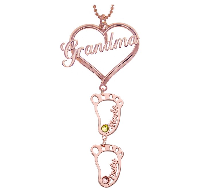 Colgante de corazón de abuela personalizado chapado en oro rosa de 18 quilates 1-10 collar con nombre de piedra natal con encanto de BabyFeet hueco