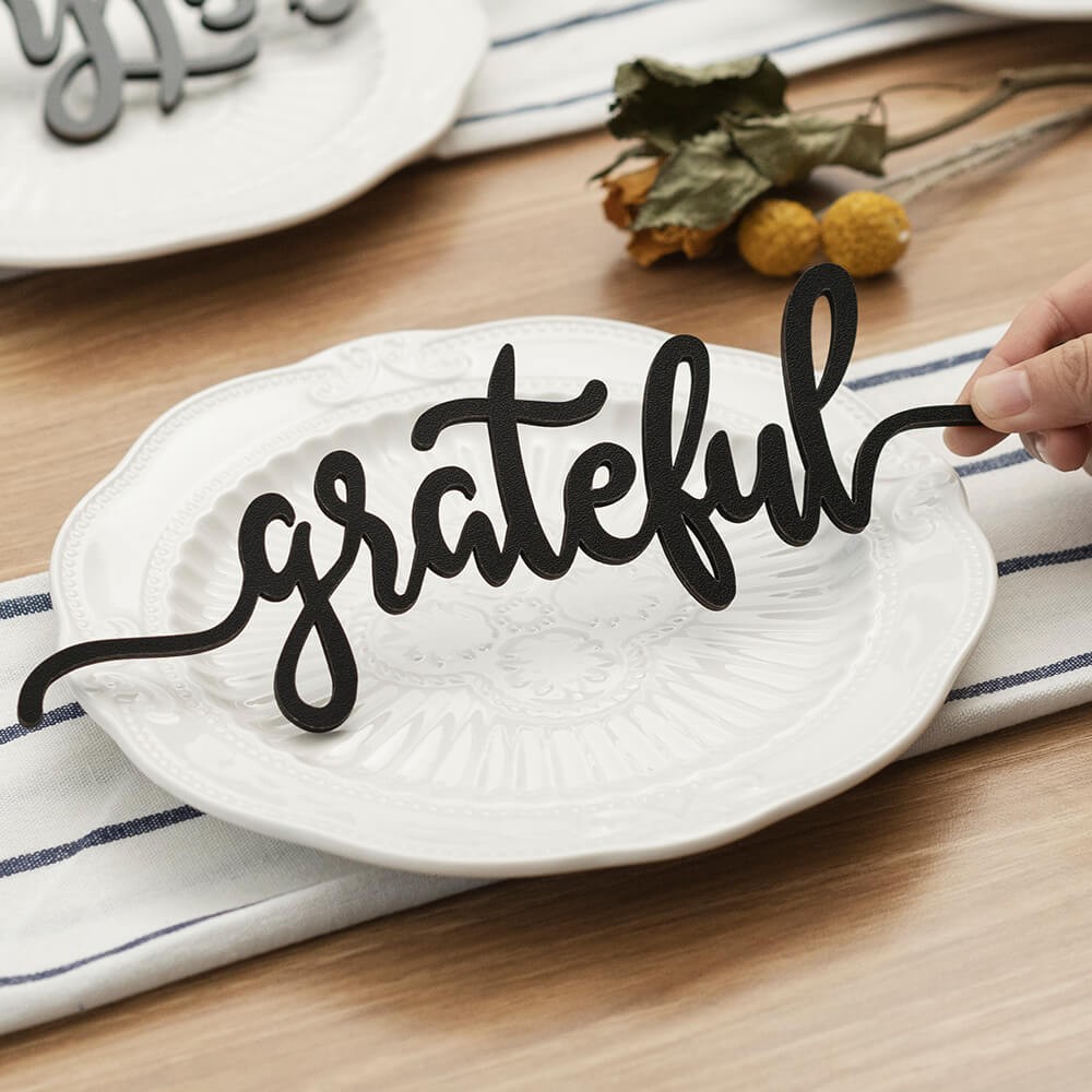 Tarjetas de lugar de acción de gracias para decoración de mesa de comedor Signo de palabras agradecidas