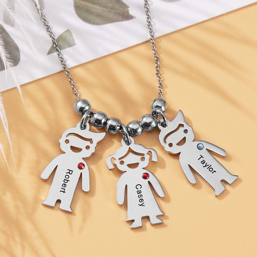 Collar grabado con nombre personalizado de plata para familias de 1 a 10 niños con piedra de nacimiento