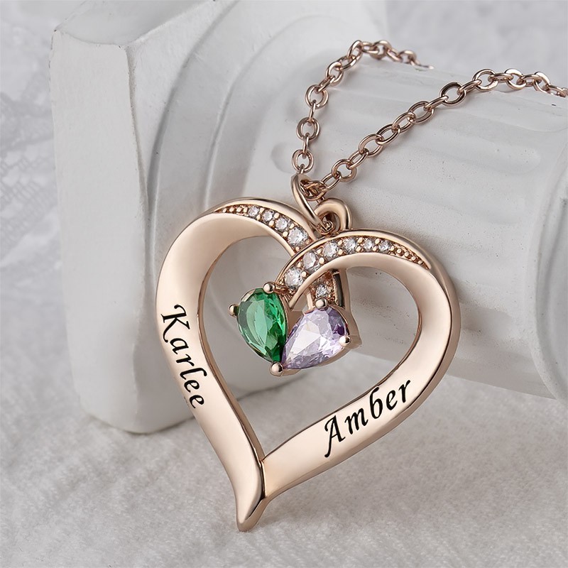 Pareja personalizada nombra collar de corazón con piedras de nacimiento regalos de San Valentín