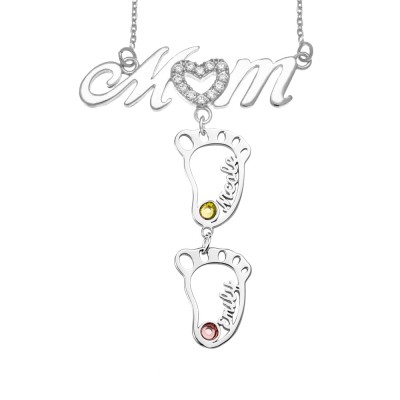 Collar de mamá con nombre de BabyFeet hueco personalizado de plata de 1 a 10 con piedras de nacimiento