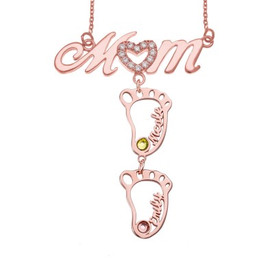 Collar de mamá con nombre hueco BabyFeet personalizado de 1 a 10 con piedras de nacimiento