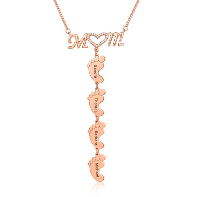 Chapado en oro rosa de 18 quilates personalizado MoM Heart 1-8 Baby Feet Charms Collar con nombre grabado