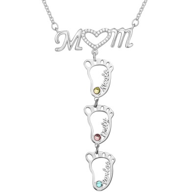 Collar de mamá con nombre de BabyFeet hueco personalizado de plata de 1 a 10 con piedras de nacimiento