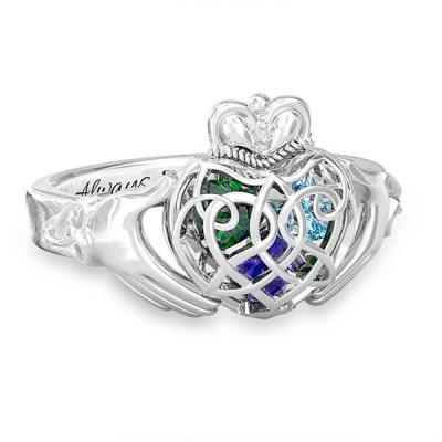 S925 Anillo de Claddagh celta de corazones enjaulados personalizados de plata esterlina con 1-6 piedras de nacimiento
