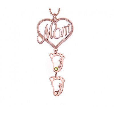 Collar personalizado con nombre de piedras natales con colgante de corazón de mamá con 1-10 encantos de BabyFeet huecos