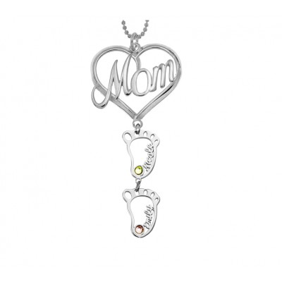 Collar con nombre de piedras de nacimiento con colgante de corazón de mamá personalizado de plata con 1-10 encantos de BabyFeet huecos