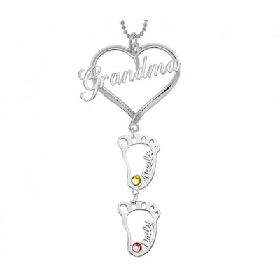 Colgante de corazón de abuela personalizado de plata 1-10 Collar con nombre de piedra de nacimiento con dije de BabyFeet hueco