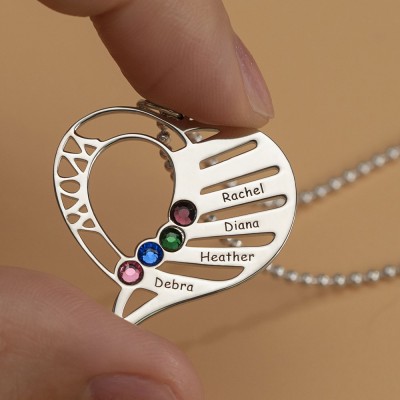 Collares con nombre grabado en forma de corazón personalizado con 1-6 piedras de nacimiento
