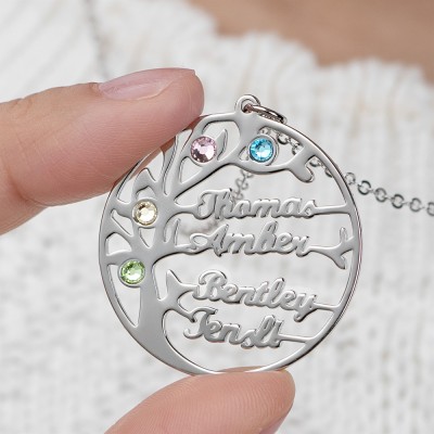 Collar de plata personalizado con diseño de árbol y nombre de árbol genealógico con piedra de nacimiento