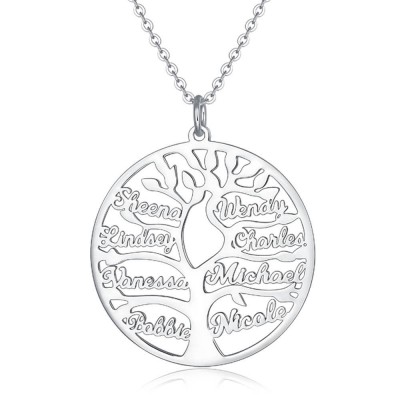 Collar grabado con nombre de árbol familiar personalizado de plata 1-9