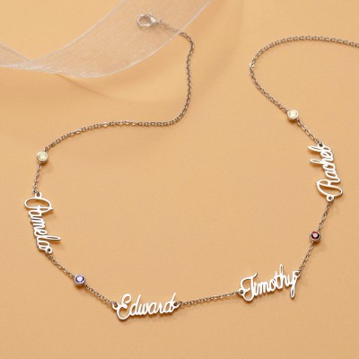 Collar de plata con nombre personalizado con 1-6 nombres y piedras de nacimiento