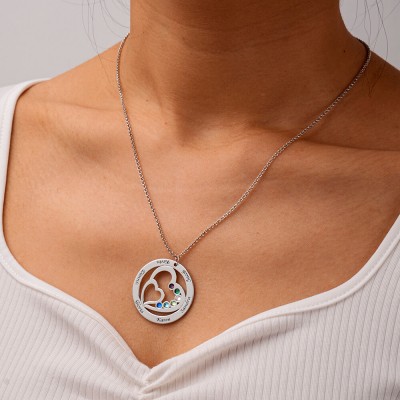 Collar de plata con nombre de corazón doble personalizado con 1-7 piedras de nacimiento y nombres