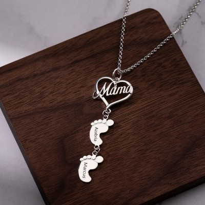 Collar de plata con nombre personalizado Love MaMa Heart 1-10 pies de bebé